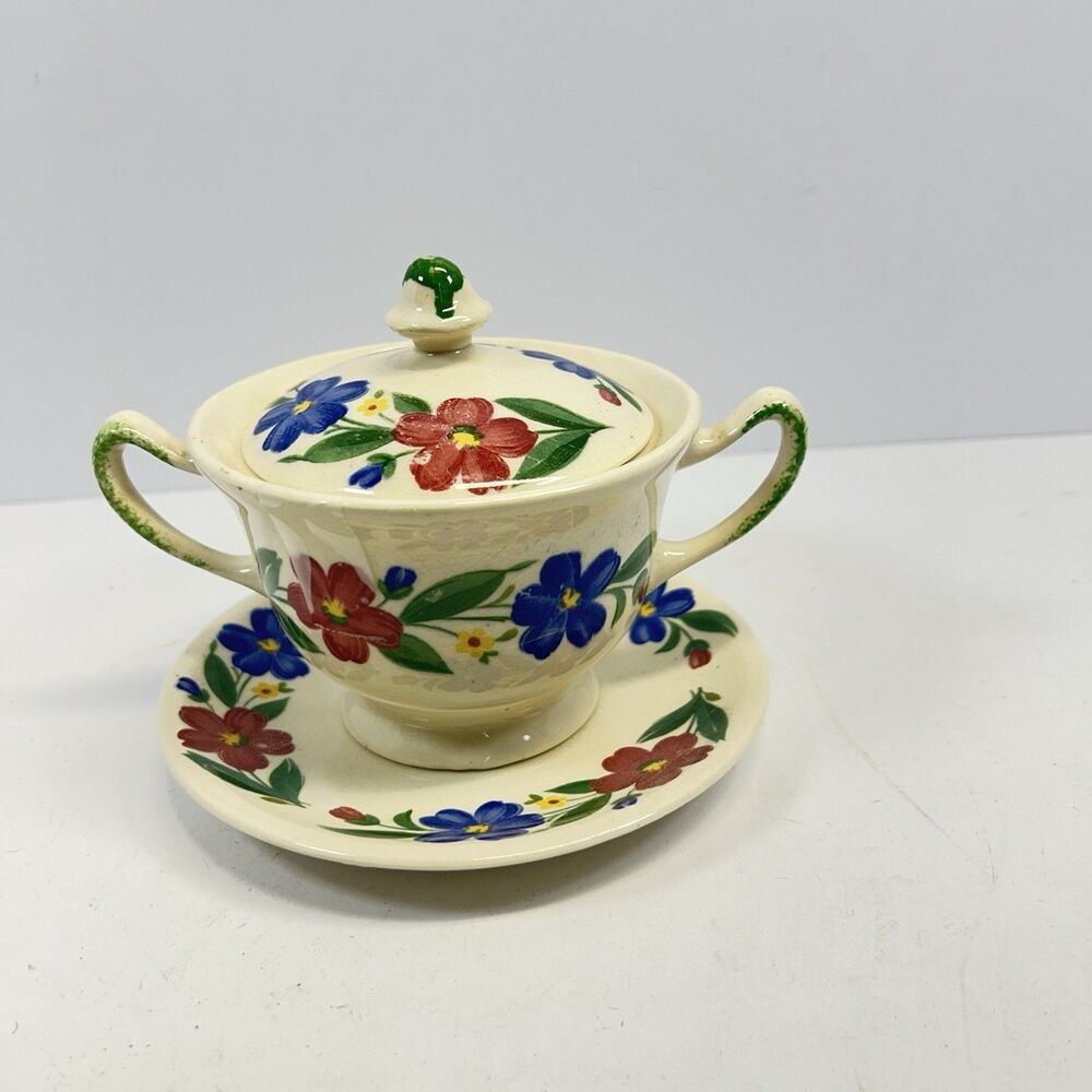 Vintage 1946 Paden City Pottery Cosmos Sugar Bowl with Lid & Saucer Shenandoah